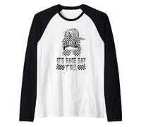 Funny It's Race Day Y'all Checkered Racing Track Race Day Camiseta Manga Raglan