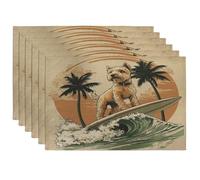Funny Lakeland Terrier - Juego de 6 manteles individuales de 12 x 18 pulgadas, diseño de palmera tropical de surf para comedor, decoración de cocina y hogar