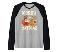 Funny Merry Catmas Holiday Humor Christmas Cat Lover with Santa Camiseta Manga Raglan