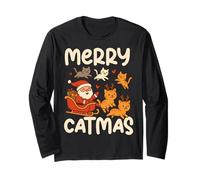 Funny Merry Catmas Holiday Humor Christmas Cat Lover with Santa Manga Larga