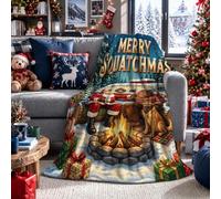 Funny Merry Squatchmas Sasquatch - Manta de Navidad (101,6 x 127 cm) | Folclore navideño fantástico, mantas peludas, escena acogedora de fogata, arte tipográfico festivo, detalles de temporada