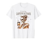 Funny Messy Bun Skeleton Mom, Fueled by Caffeine and Chaos Camiseta