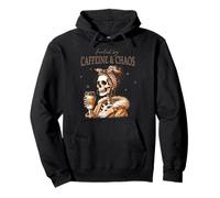 Funny Messy Bun Skeleton Mom, Fueled by Caffeine and Chaos Sudadera con Capucha