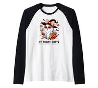 Funny My Tummy Hurts Cute Pink Ghost Boujee Halloween Coffee Camiseta Manga Raglan