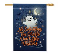 Funny No Soliciting Ghost Quote Halloween House Flag 28x40 pulgadas | Ilustración de casa encantada, bandera de césped, luna creciente, murciélagos voladores, tipografía fantástica