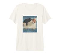 Funny Ocean Adventure Cat Biting a Shark Vintage Camiseta Premium