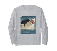 Funny Ocean Adventure Cat Biting a Shark Vintage Manga Larga