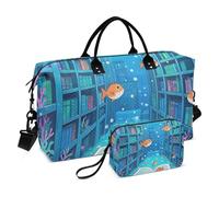 Funny Ocean Library Book Fish Blue - Bolsa de viaje de viaje para fin de semana, bolsa de deporte, bolsa de gimnasio con bolsa de aseo para viajes, bolsa impermeable para gimnasio para mujer