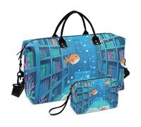 Funny Ocean Library Book Fish Blue - Bolsa de viaje decorativa de gran tamaño, bolsa de deporte para gimnasio con correa ajustable para entrenamiento, impermeable, bolsa para entrenamiento