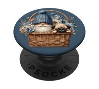 Funny Pug Dad Gnome With Blue Flower Decor For Pug Lover PopSockets PopGrip Adhesivo