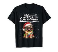 Funny Pug Dog Christmas Lights Santa Hat Candy Cane Xmas Camiseta