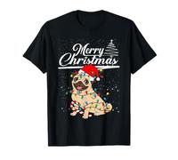 Funny Pug Dog Christmas Lights Santa Hat Candy Cane Xmas Camiseta
