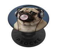 Funny Pug Music Lover Bubblegum Mamá Papá Niños PopSockets PopGrip Adhesivo