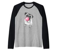 Funny Retro Kids Vintage Pink Bubble Gum Pug Dog Lover Camiseta Manga Raglan