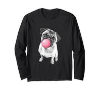 Funny Retro Kids Vintage Pink Bubble Gum Pug Dog Lover Manga Larga