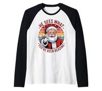 Funny Santa He Sees What You've Been Reading Retro Xmas Camiseta Manga Raglan