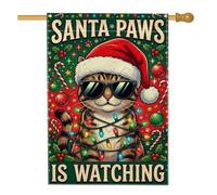 Funny Santa Paws - Bandera de Navidad con cita navideña de gato de 28 x 40 | Gato atigrado, bandera de patio, sombrero de Papá Noel, luces de Navidad, cita divertida de vacaciones