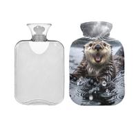 Funny Sea Otter in The Rain - Botella de agua caliente con funda suave, bolsa de agua caliente de 1 litro para aliviar el dolor del período de hombro, calentador de pies de PVC