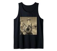 Funny Shocked Cat Selfie UFO Encuentro Extraterrestre Camiseta sin Mangas
