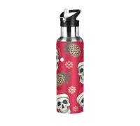 Funny Skulls - Botella de agua de acero inoxidable con aislamiento rojo de Papá Noel con pajilla, 32 onzas, a prueba de fugas, botella de agua deportiva sin BPA con popote