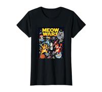 Funny Space Cats, Space Cats Illustration Graphic Cartoon Camiseta gráfica económica, Mujer, Negro, XS