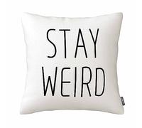 Funny Stay Weird - Funda de almohada decorativa de lino y algodón, 45,7 x 45,7 cm, color blanco y negro