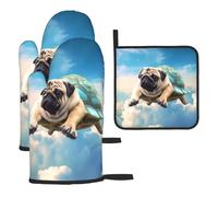 Funny Turtle Pug Dog in The Sky - Juego de 3 guantes de horno resistentes al calor, antideslizantes, guantes de cocina y almohadilla caliente para hornear, cocinar, asar a la parrilla, guantes de