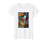 Funny UFO Cat Alien Abduction Retro Comic Design Camiseta gráfica económica, Mujer, Blanco, L
