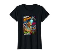 Funny UFO Cat Alien Abduction Retro Comic Design Camiseta gráfica económica, Mujer, Negro, S