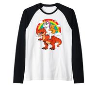 Funny Unicorn Cat Riding Dinosaur T-Rex Rainbow Space Galaxy Camiseta Manga Raglan
