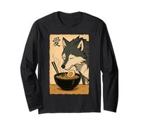 Funny Wolf Ramen Graphic Tee Arte japonés Kawaii Anime Wolf Manga Larga