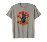 Funny Womens Girls Red Poppy Flower Floral Black Pug Lover Camiseta