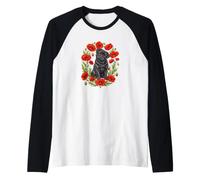 Funny Womens Girls Red Poppy Flower Floral Black Pug Lover Camiseta Manga Raglan