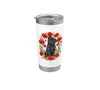 Funny Womens Girls Red Poppy Flower Floral Black Pug Lover Vaso térmico de acero inoxidable de doble pared