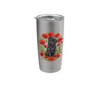 Funny Womens Girls Red Poppy Flower Floral Black Pug Lover Vaso térmico de acero inoxidable de doble pared