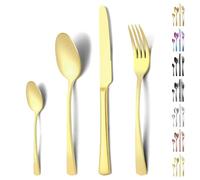 Funnydin Juego de cubiertos de 24 piezas, cubiertos de acero inoxidable, cuberterias completas 6 personas con tenedor, cuchillo, cucharilla, apto para lavavajillas, look champán elegante