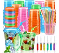Funnymoom 300 piezas/100 juegos de cubos de plástico para bebida con tapas de popote, jeringas, cubos de bebida de ron con asa para fiestas, cuencos reutilizables para vino, cerveza, cóctel (750 ml