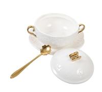 FUNOMOCYA Bol de Cerámica con Doble Asa y Tapa Cuchara y Platillo Diseño Europeo con Floral para Postres Ensaladas y Desayuno Fácil Limpieza y Uso Versátil para Hogar y Restauración