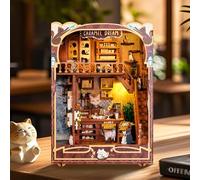 FUNPOLA Kit de Puzzle 3D de Madera Book Nook, Inserto Café de Gatos Sueño de Caramelo con Luces LED, Sujetalibros Miniatura DIY, Regalo para Amantes de los Gatos y Jóvenes(Caramel Dream)