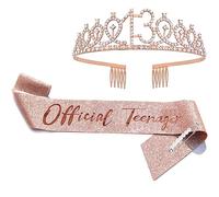 FUNSACHY Juego de banda de 13 cumpleaños y tiara de diamantes de imitación, regalos de cumpleaños de 13 años para ella, decoraciones de fiesta 13 para niñas (oro rosa)