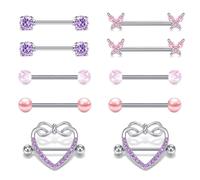 Funseedrr Piercing Pezón Acero Inoxidable 14G 16mm Anillas de Pezón Recto Lengua Barra Piercing Joyas Corazón Diamante Joyería para Mujeres