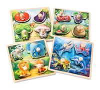 Funsland Puzzle Madera Bebe 1 Año - 4 Piezas Rompecabezas Madera Niños con Agarrador, Juguetes Montessori Bebe Puzzles Animal Frutas Educativos Juguete Regalo Navidad para Niños de 1 2 3 Años