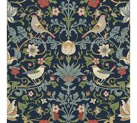 FunStick 44.5CMX9M Papel Pintado Flores Azules William Morris Rojo Fresa Hojas Pájaros Vinilo Adhesivo Muebles Flores Vintage Dormitorio Salón Papel Adhesivo para Muebles Floral Azul Marino Vintage