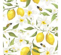 FunStick 44.5CMx9M Papel Pintado Pared Limones y Abejas Murales Decorativos Pared Dormitorio Blanco Amarillo Papel Pintado Flores y Hojas Limones Jazmín Blanco Vinilos Adhesivos para Muebles Flores