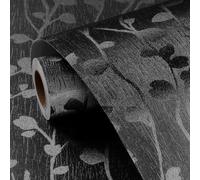 FunStick Papel Pintado Adhesivo Negro Ramas y Hojas Vinilo Adhesivo Dormitorio Salon Armario Textura Rama y Hoja Lavable Papel Adhesivo para Mueble Negro Hojas Vinilo Adhesivo para Baño Pared 40CMx2M