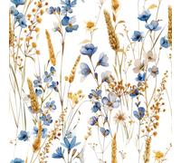 FunStick Papel Pintado Autoadhesivo Baño Papel Pintado Flores Silvestres Botanico Blanco Azul y Dorado Vinilo Adhesivo Pared Salon Otoño Trigo y Flores Revestimiento Blanco Pared Dormitorio 44.5CMx3M