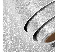FunStick Papel Pintado Blanco Brillante 40CMX2M Vinilo Adhesivo Muebles Moderno Brillantina Manualidades Niños Plateado Vinilos para Muebles Decorativos Plata Papel de Regalo Cumpleaños Fiesta Rollo