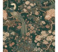 FunStick Papel Pintado Flores y Pajaros Vinilo Adhesivo para Baño Pared Papel Pintado Autoadhesivo Vintage Verde Árboles de Pavo Real y Peonía Vinilo Adhesivo Muebles Verde Oscuro y Rosa 44.5CM×3M