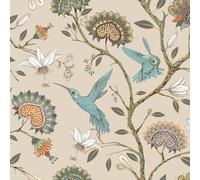 FunStick Papel tapiz de vinilo para despegar y pegar, 44,5 cm x 9 m, diseño floral botánico, beige, para baño, dormitorio, envoltura de vinilo vintage para muebles, pájaros y flores