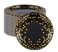 FUNSUEI 100 platos de papel redondos negros y dorados de 9 pulgadas con puntos, juego de vajilla de fiesta para bodas, cumpleaños, celebraciones de graduación